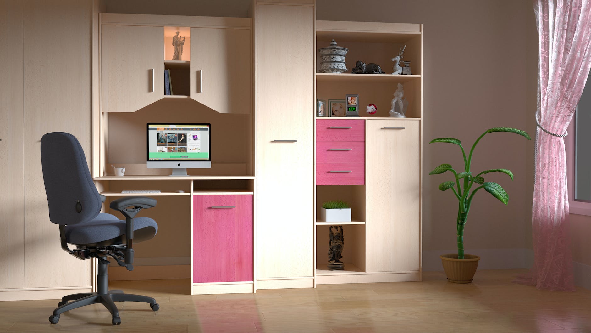 pink and brown wooden computer desk hutch